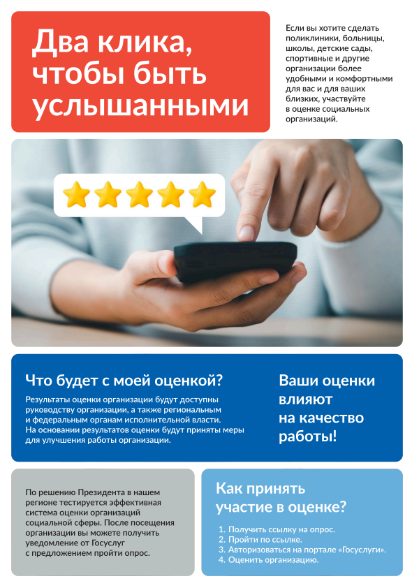 Если вы хотите сделать поликлиники, больницы,  школы, детские сады, спортивные и другие организации более удобными и комфортными для вас и для ваших близких, участвуйте в оценке социальных организаций.